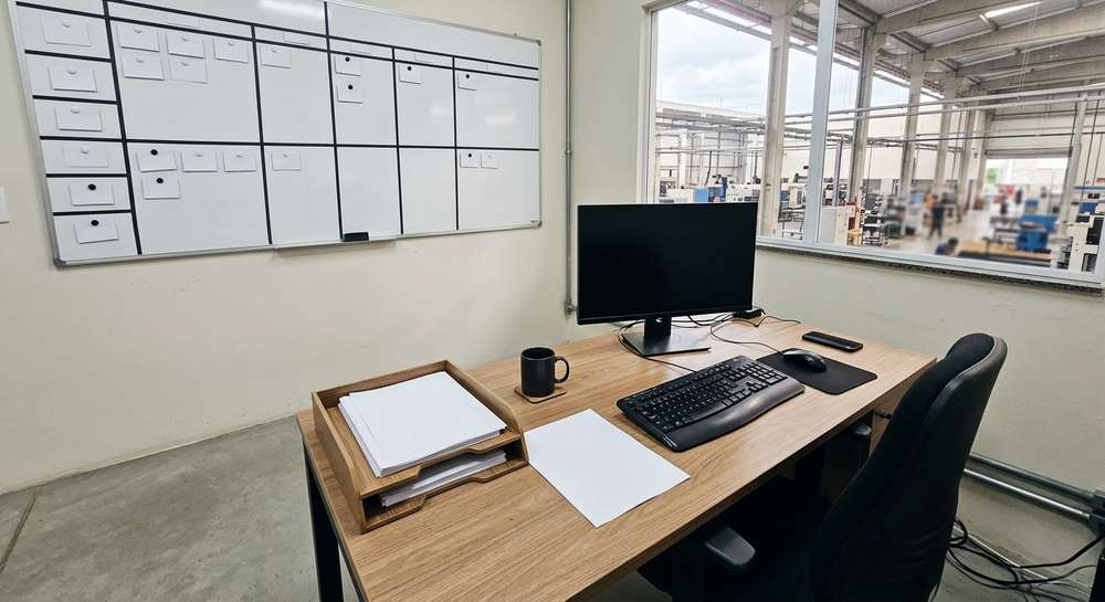 Mesa de trabalho com monitor e quadro de programação, com vista para a fábrica