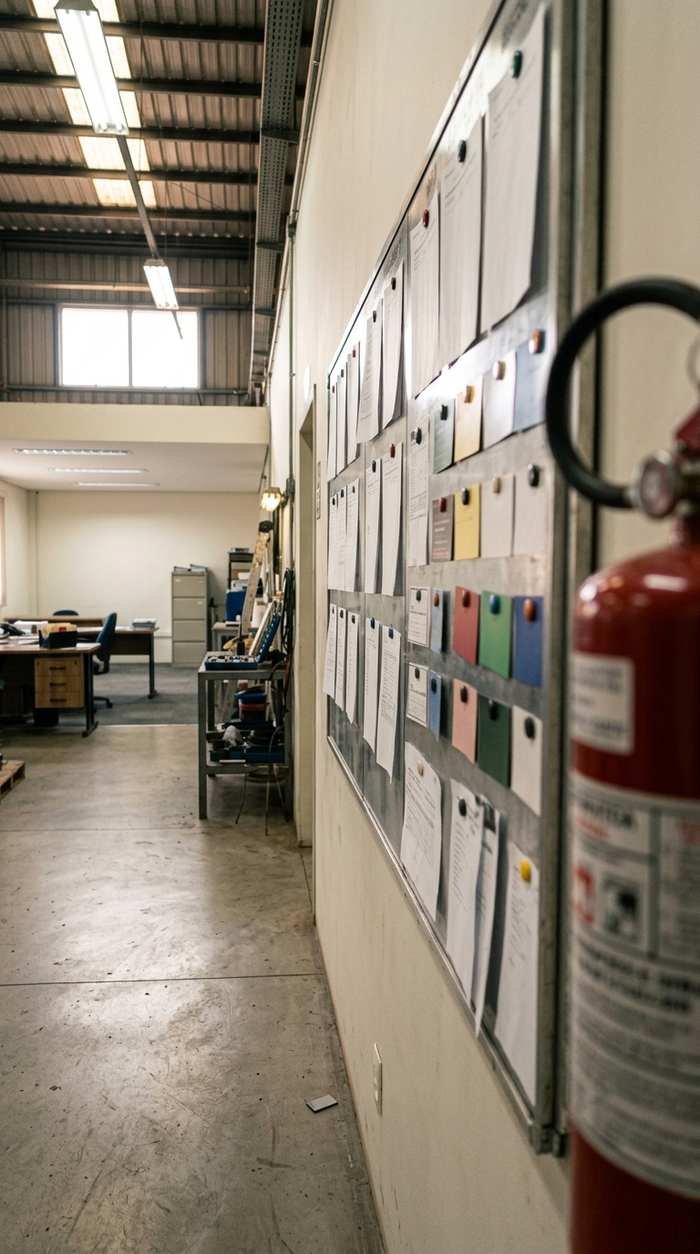 Corredor de fábrica com quadro de ordens de serviço e escritório ao fundo